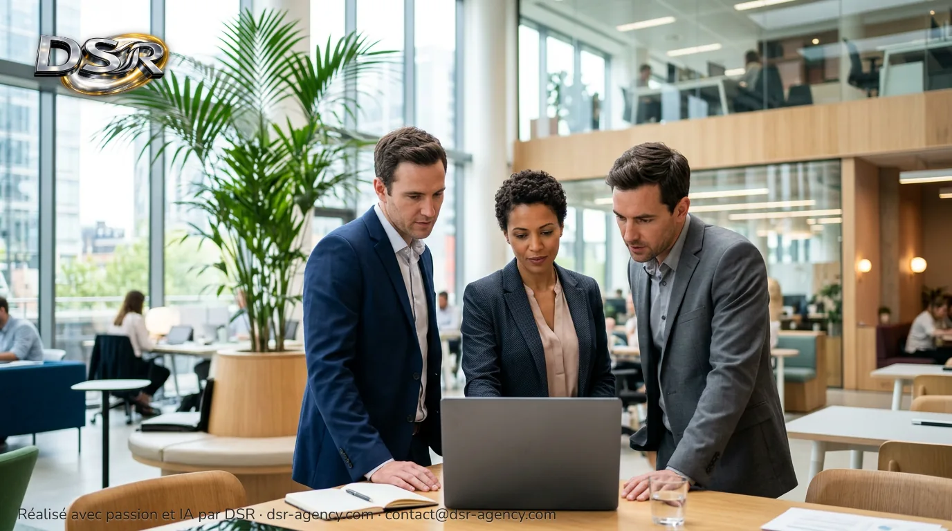 Trois personnes en tenue professionnelle observent ensemble un ordinateur portable dans un bureau lumineux.