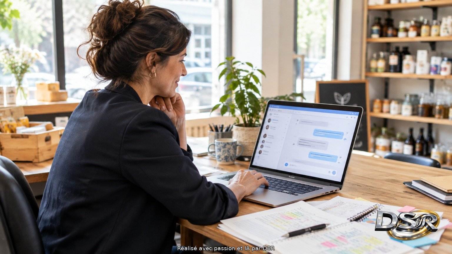 Femme devant son ordinateur portable affichant une interface de conversation, documents annotés sur le bureau