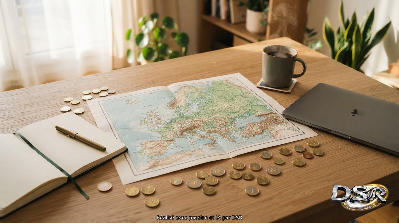 Carte de l'Europe et pièces de monnaie sur un bureau, symbole de l'ouverture des publicités ChatGPT en Europe