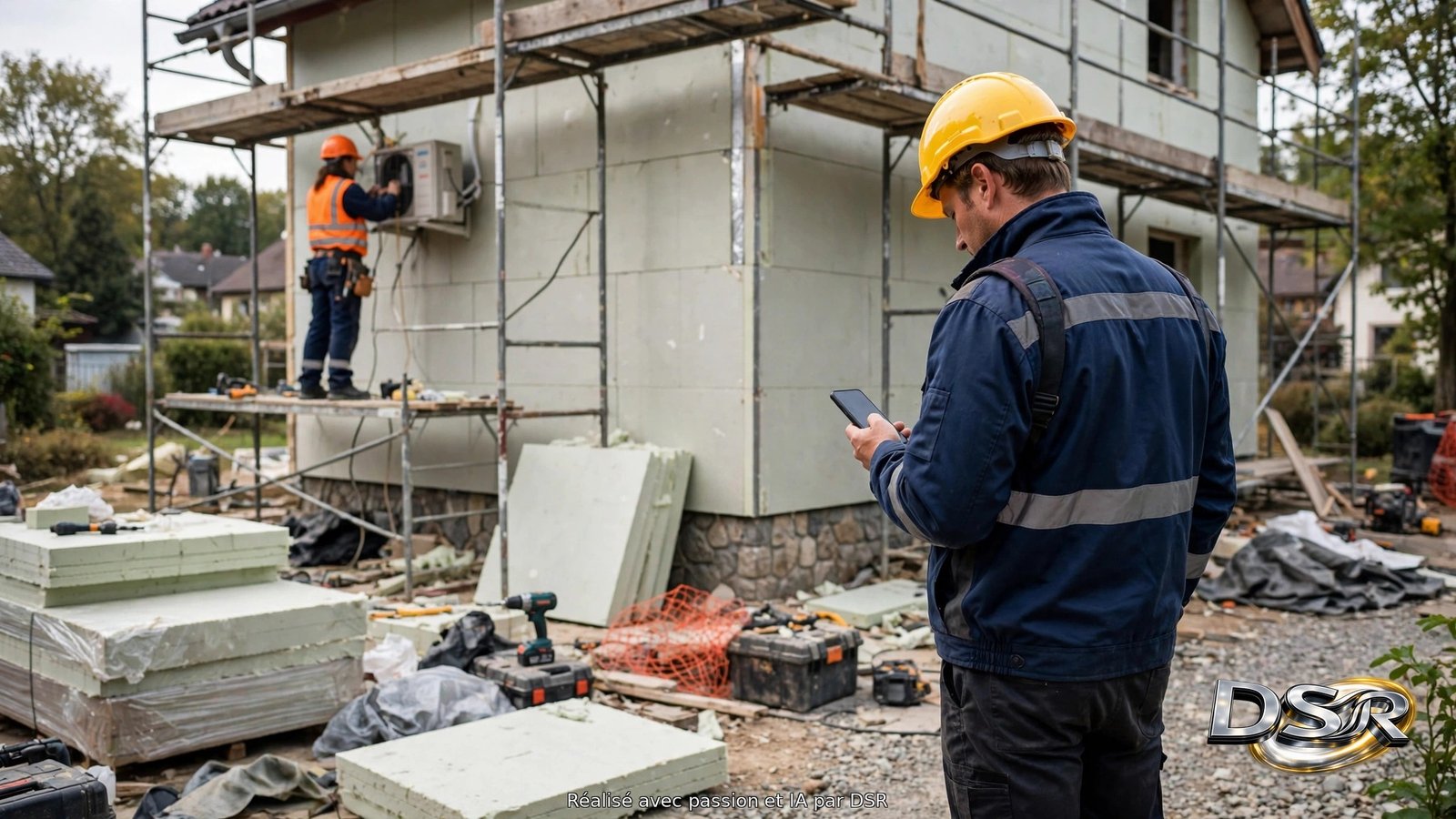 Des professionnels d'une entreprise d'isolation extérieure et de climatisation sur un chantier
