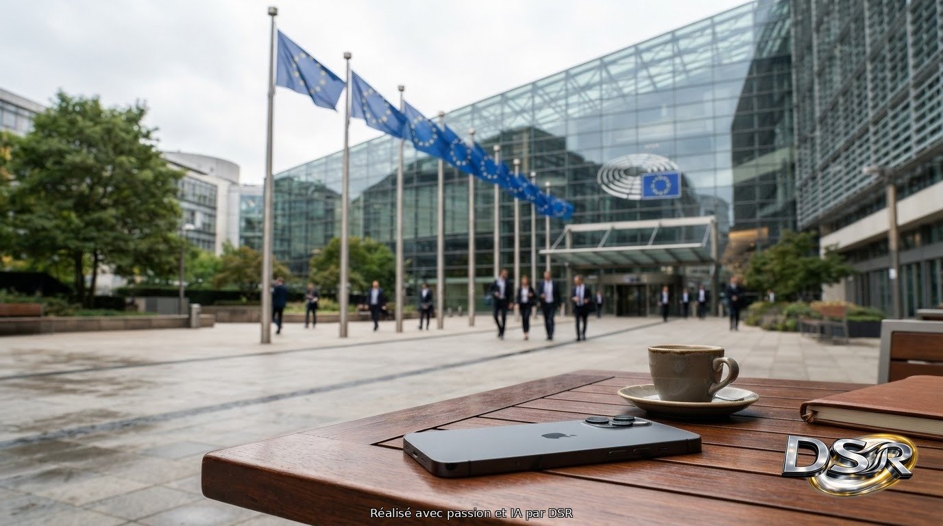 Drapeaux européens devant un bâtiment institutionnel, symbole du classement de ChatGPT comme moteur de recherche par Bruxelles
