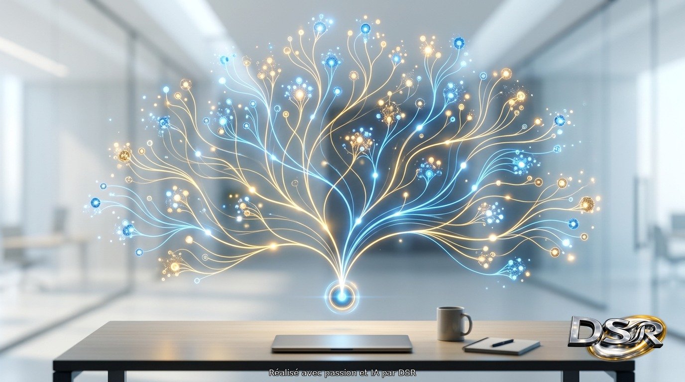 Réseau lumineux bleu et or en forme d'arbre au-dessus d'un bureau, dans une pièce moderne et épurée