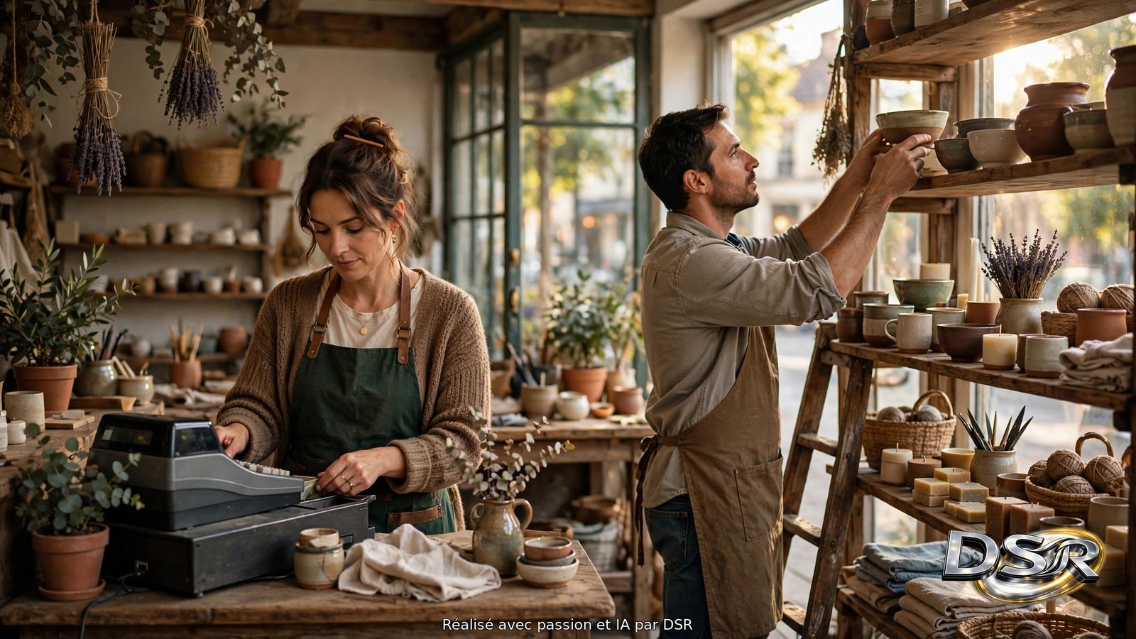 Couple de céramistes dans leur boutique : la femme tient la caisse, l'homme range des bols sur une étagère, lumière du matin.
