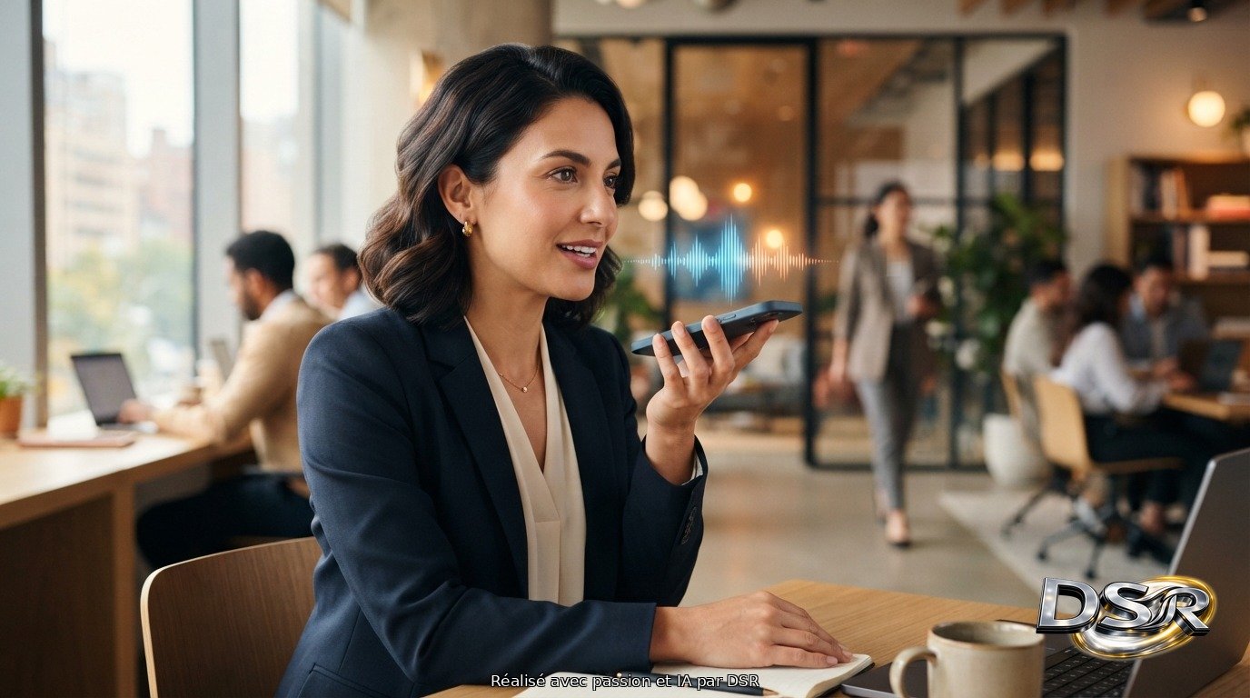 Une femme d'affaires dicte dans son smartphone, une onde sonore lumineuse au-dessus, bureau lumineux