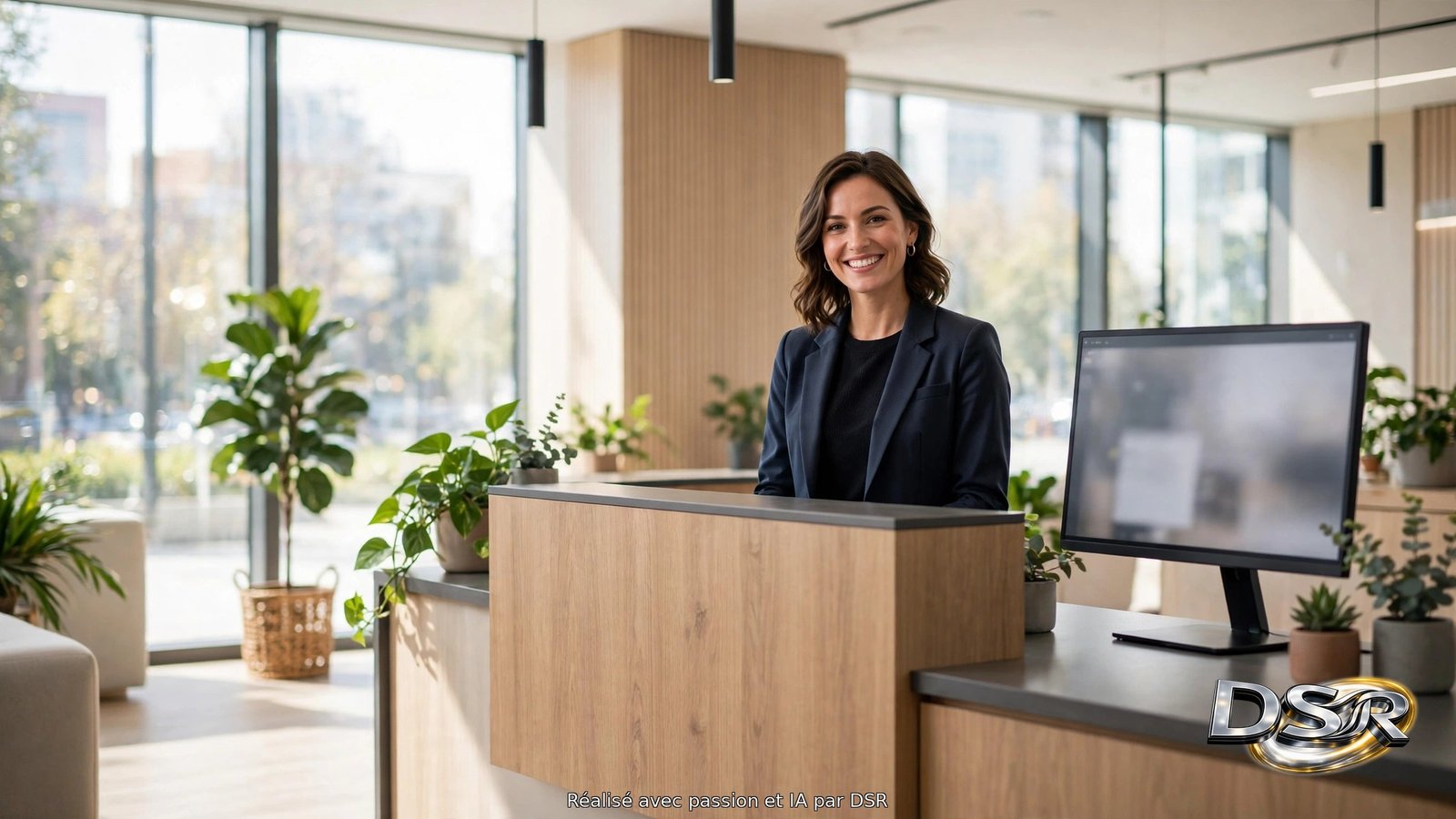 Espace d'accueil lumineux d'une entreprise moderne, professionnelle souriante derrière un comptoir avec un écran allumé
