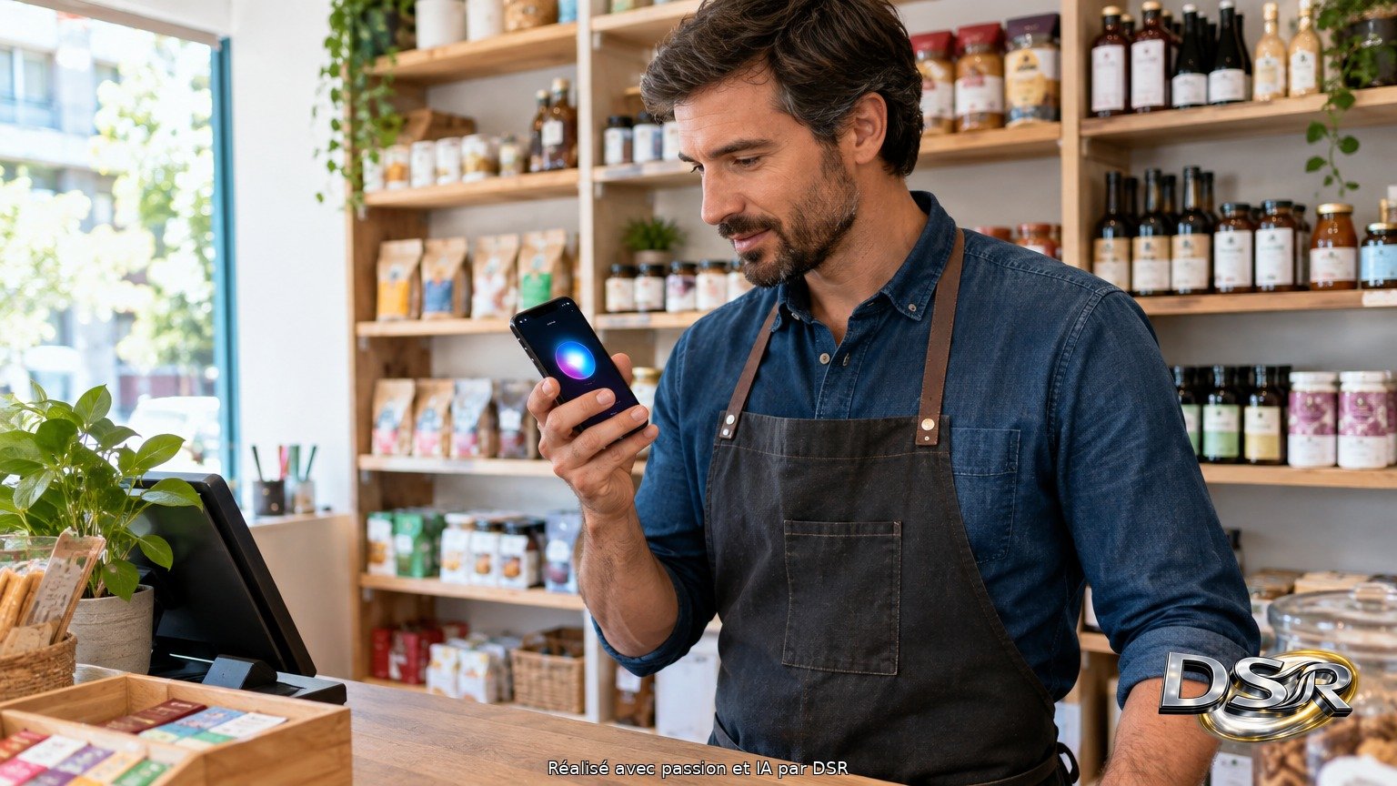 Commerçant derrière son comptoir consultant une application d'assistant sur son smartphone, produits rangés en arrière-plan
