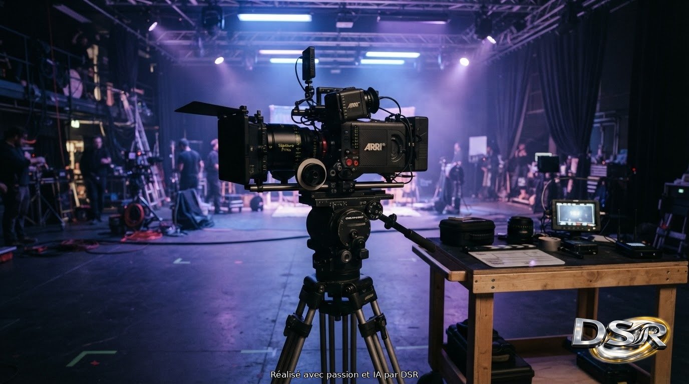 Caméra de cinéma professionnelle sur trépied dans un studio, éclairage violet et bleu, atmosphère de production vidéo
