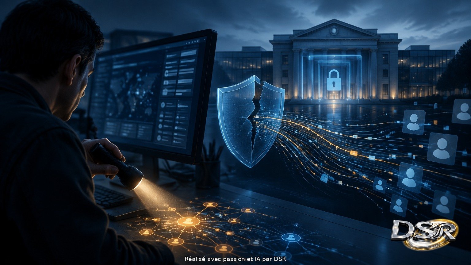 Illustration de cybersécurité montrant un portail numérique exposé, des flux de données et un bouclier fissuré
