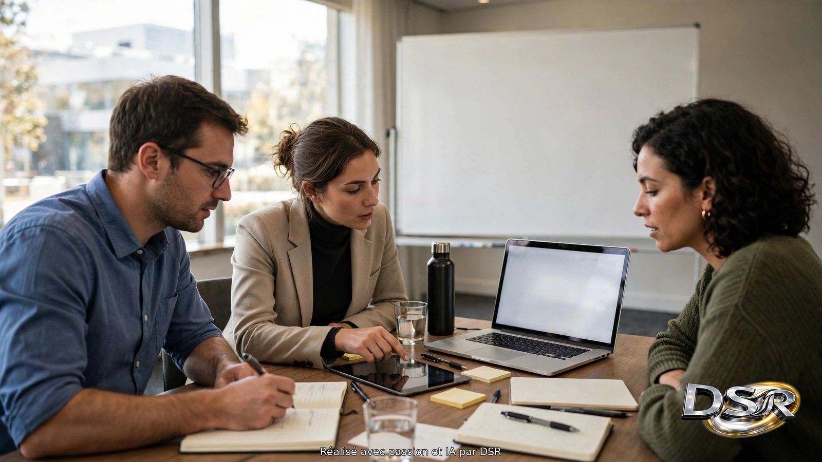 Réunion de travail dans un petit bureau d'entreprise, plusieurs professionnels autour d'une table avec un ordinateur portable ouvert