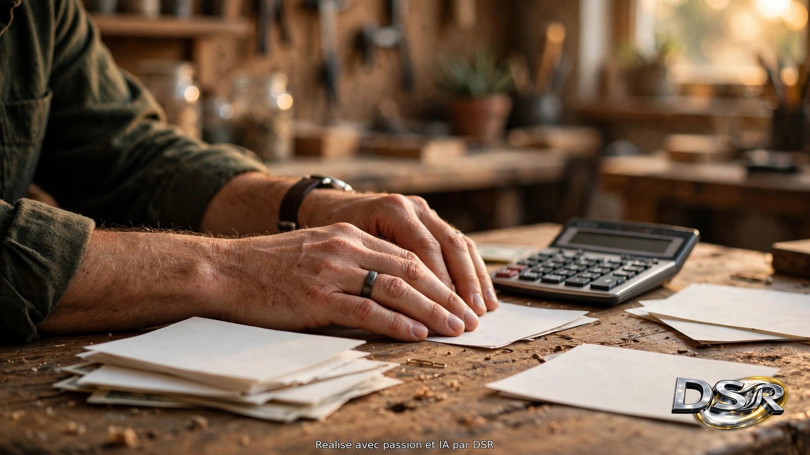 Gros plan des mains d'un entrepreneur sur des documents de facturation et une calculatrice, bureau en bois, atelier en arrière-plan.