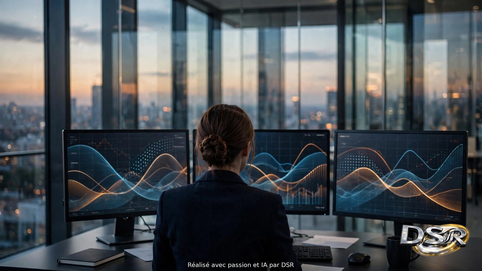Vue de dos d'une professionnelle devant trois écrans de marché dans un bureau vitré, en fin de journée