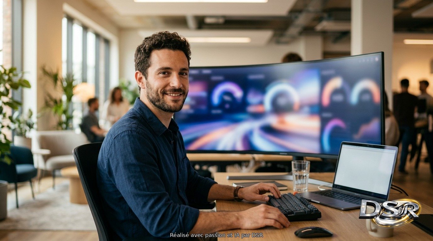 Développeur souriant devant un écran avec un tableau de bord numérique flou, la vitesse de l'IA