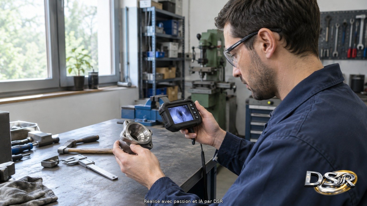 Technicien en atelier contrôlant une pièce métallique avec un petit écran portable à la main