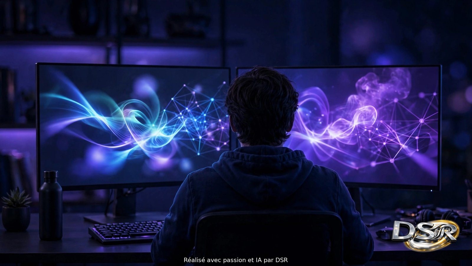 Développeur vu de dos devant deux grands écrans affichant des motifs lumineux bleus et violets, dans une pièce sombre.