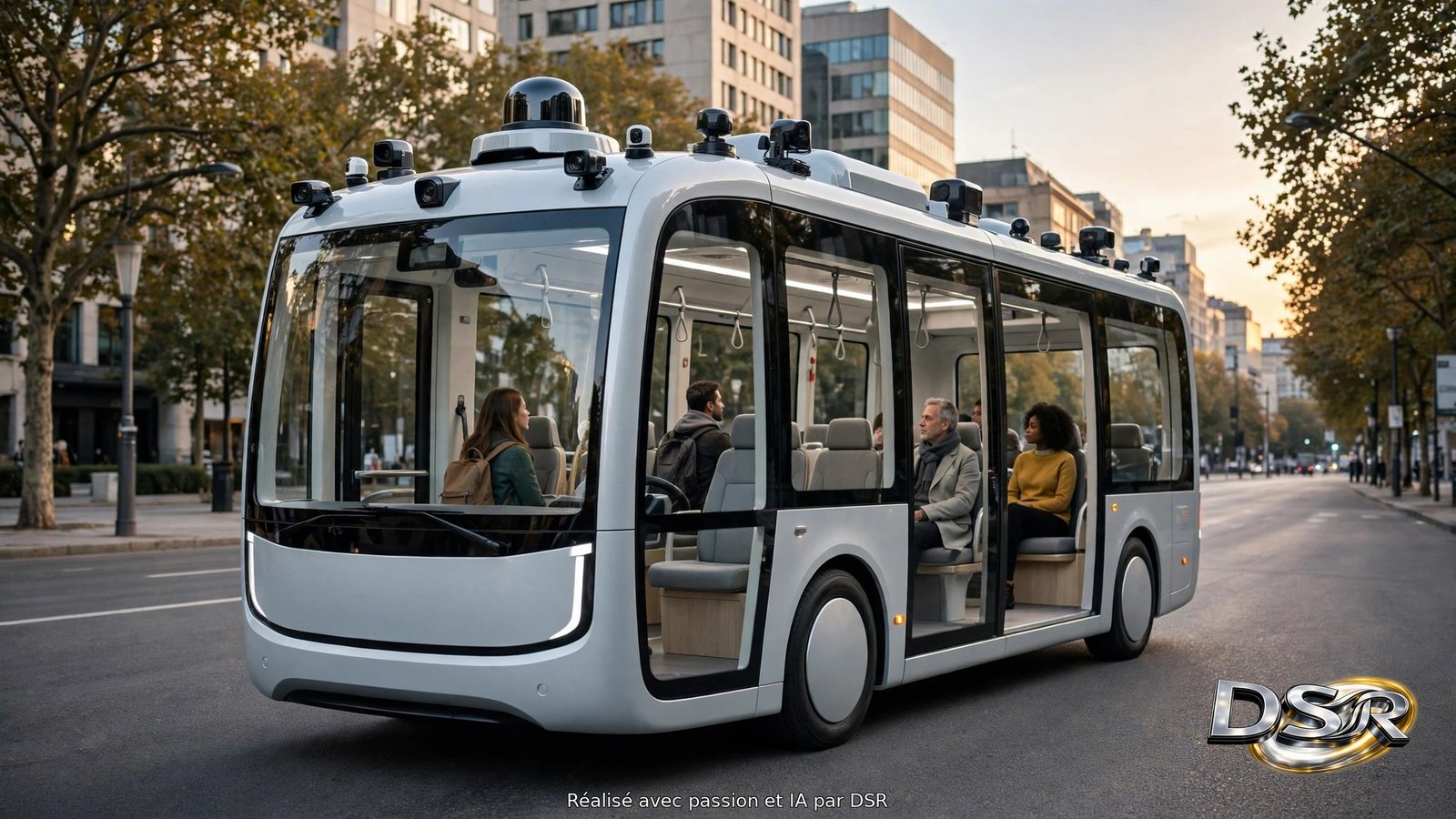 Une navette autonome moderne sans conducteur circule sur une route urbaine d'Île-de-France