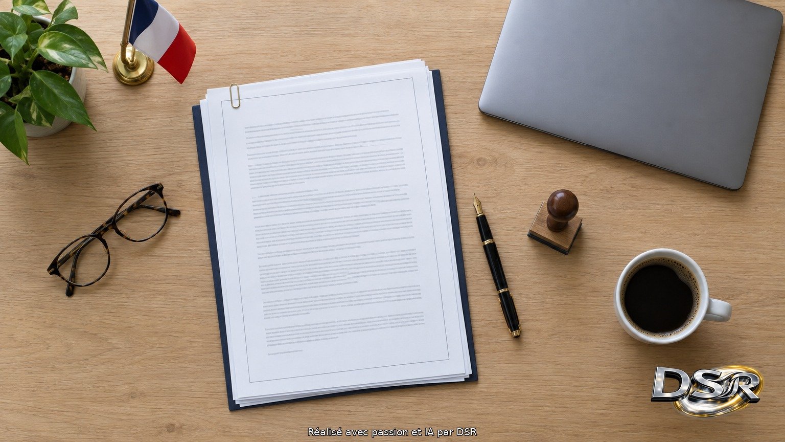 Bureau vu de dessus : documents contractuels, stylo, lunettes et ordinateur portable fermé