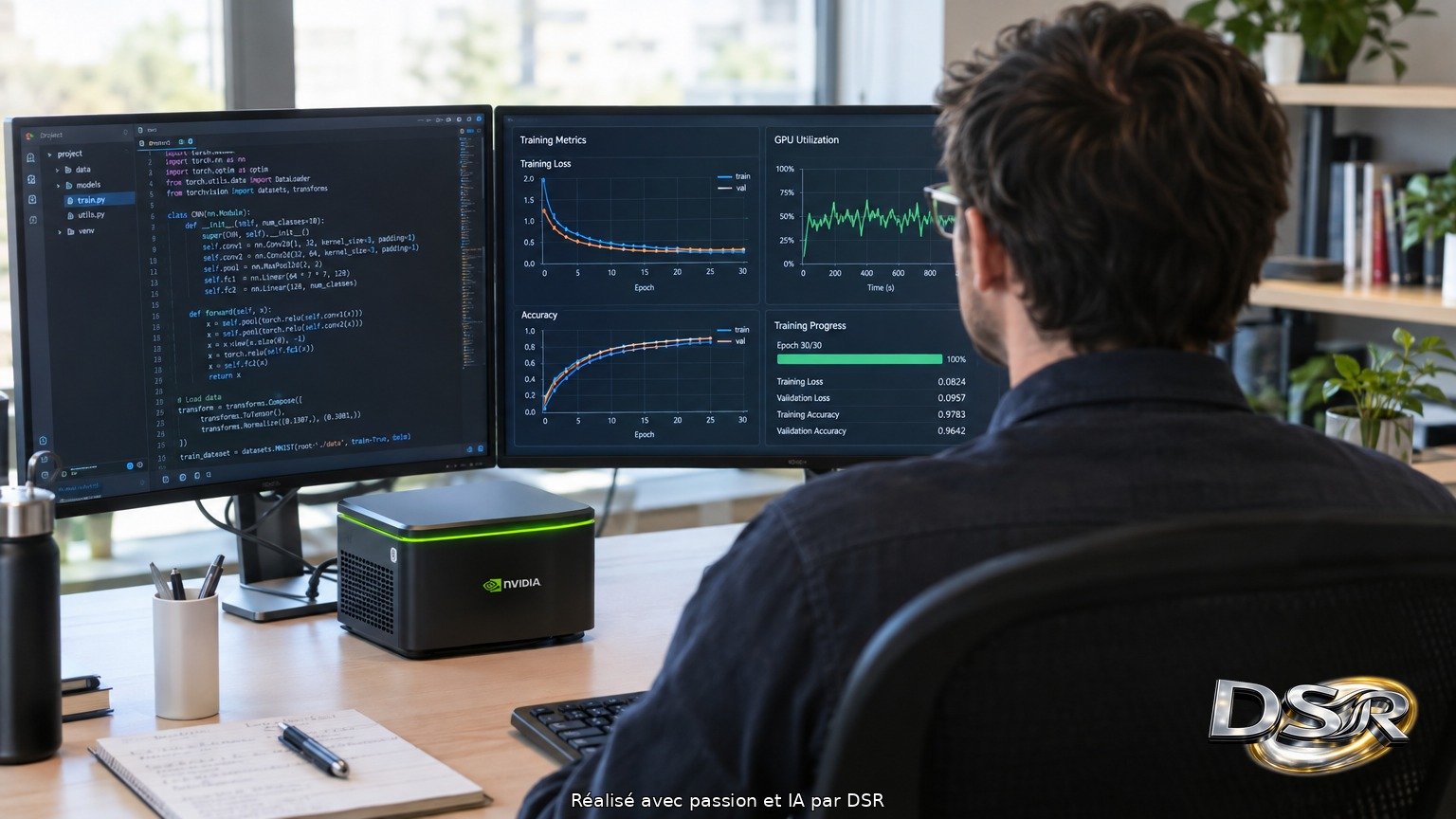 Un ingénieur de dos devant une machine de bureau compacte au logo Nvidia, deux écrans affichant code et courbes d'entraînement