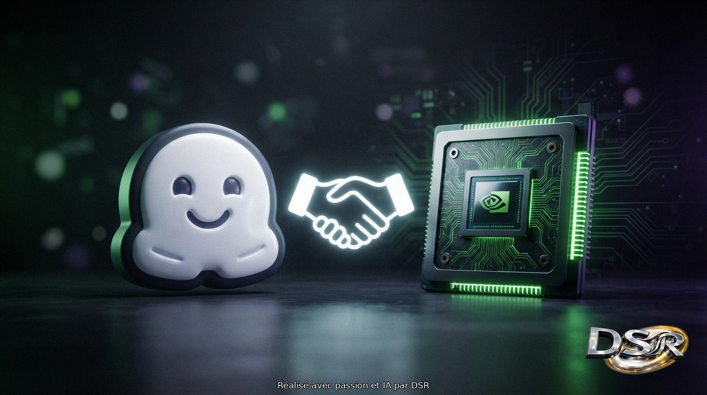 Visage souriant de Hugging Face et puce Nvidia unis par une poignée de lumière, fond sombre, sans texte lisible