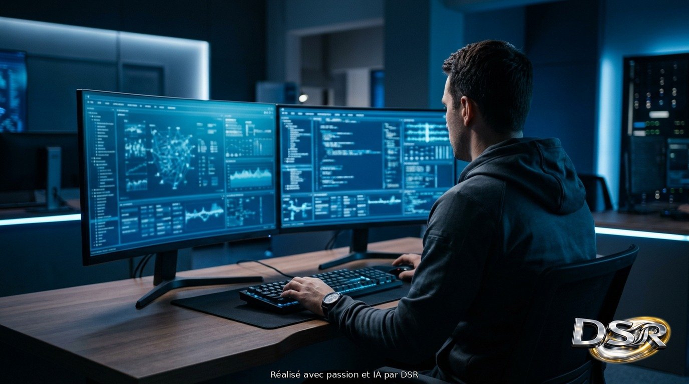 Un homme vu de dos devant deux grands écrans dans une pièce sombre éclairée de bleu, ambiance de cybersécurité