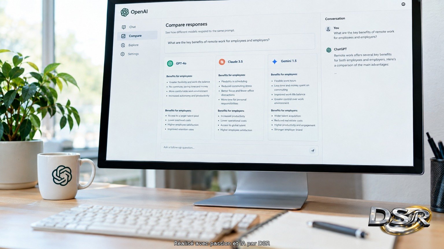 Gros plan sur un écran d'ordinateur affichant une interface de comparaison de modèles, logo OpenAI visible, un mug sur le bureau
