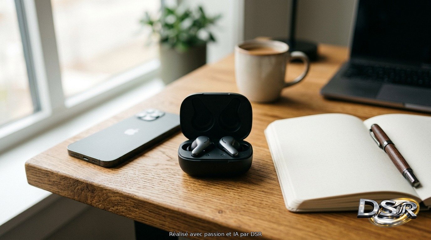 Écouteurs sans fil dans leur boîtier ouvert posé sur un bureau en bois, à côté d'un carnet, d'un téléphone et d'une tasse de café