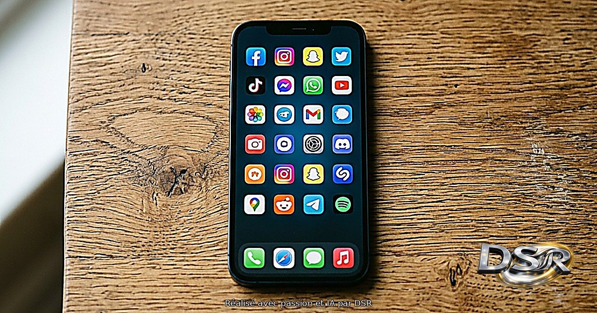 Téléphone avec des icônes de réseaux sociaux sur fond flou, symbole de l'accès des mineurs