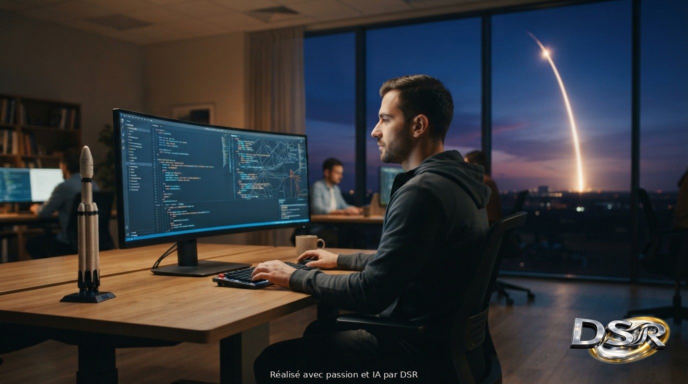 Un développeur concentré devant un écran de code au crépuscule, maquette de fusée sur le bureau et lancement de fusée par la fenêtre