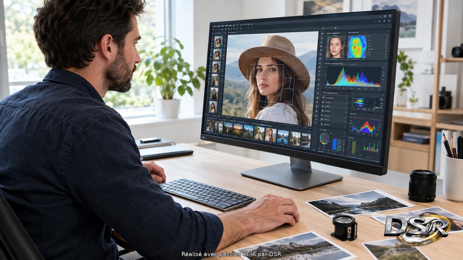 Professionnel de l'image assis face à son grand écran, analysant une photo dans une interface de retouche nette, bureau lumineux