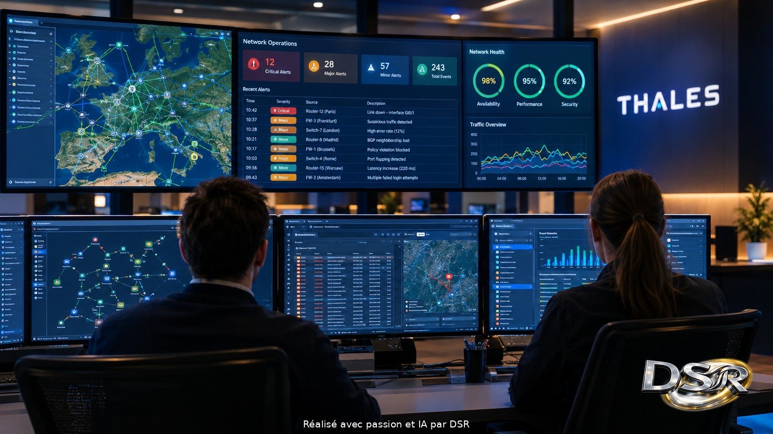 Deux ingénieurs de dos dans une salle de supervision, face à des écrans affichant cartes réseau et alertes, logo Thales au mur