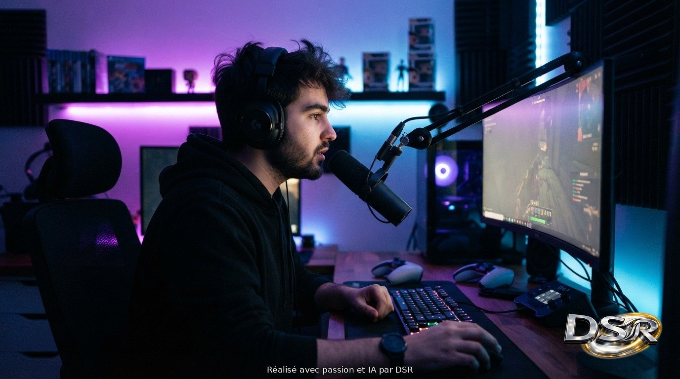 Créateur de contenu à son poste de streaming, casque sur les oreilles, éclairage néon violet et bleu
