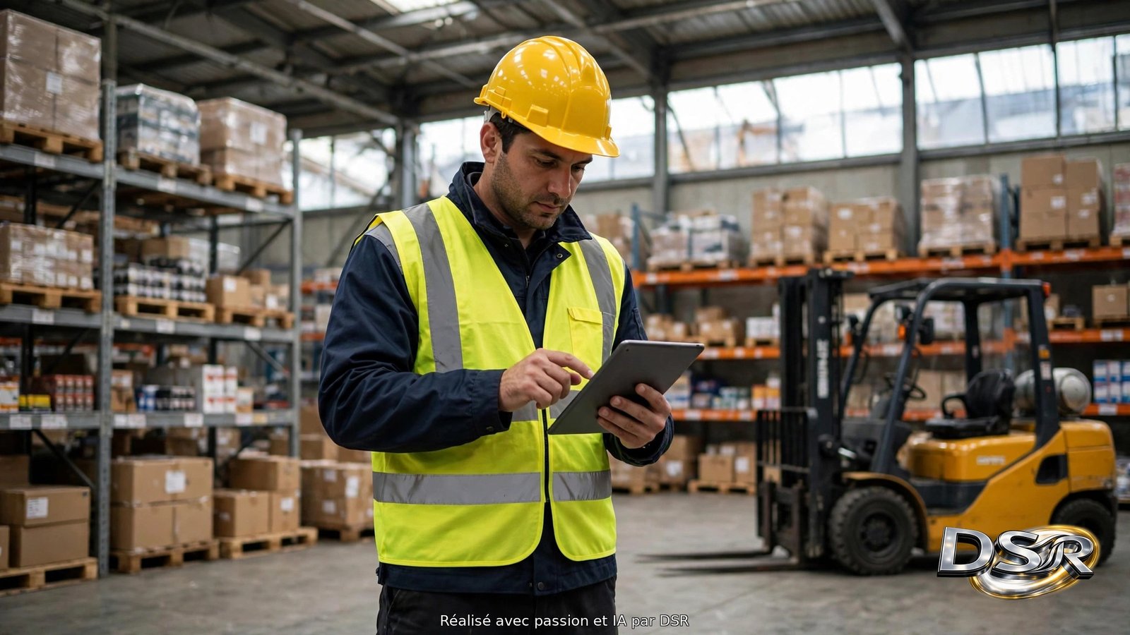 Opérateur logistique validant une étape sur une tablette dans un entrepôt, rayonnages et chariot élévateur en arrière-plan