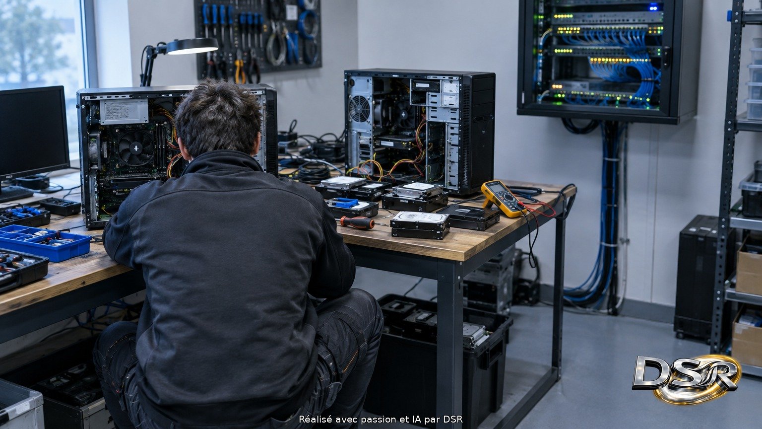 Technicien de dos dans un atelier informatique, tours ouvertes et baie réseau murale